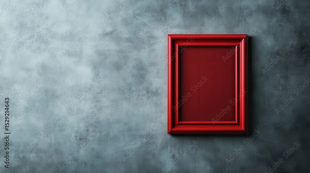 Aufkleber an empty red picture frame mounted on a textured gray wall, creating a minimalist yet striking visua