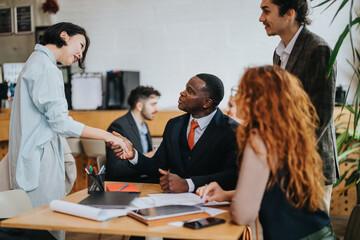 Professional colleagues discussing ideas and strategies while working together in a well-designed office environment, fostering teamwork and productivity.