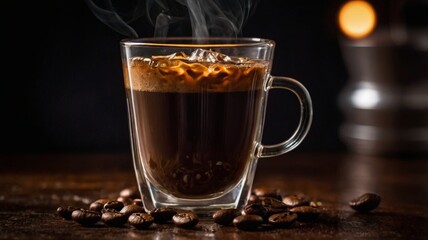 cup of hot coffee with waves on the black background