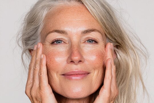 Close-up of a mature woman with silver hair applying moisturizer to her face, showcasing skincare routine and healthy aging, embracing natural beauty with confidence.