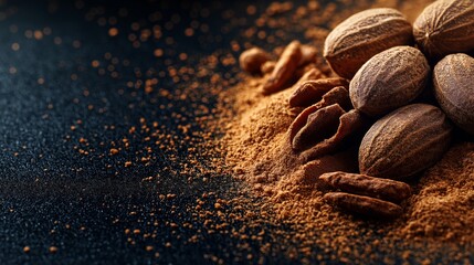 Nutmeg Still Life: Fragrant nutmeg, with its warm, spicy aroma, is captured in a detailed close-up still life composition, with the spice scattered across a rustic dark table.