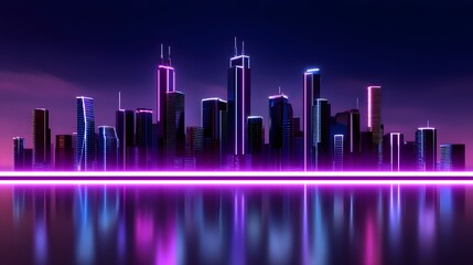 A futuristic city skyline illuminated by vibrant neon lights. long_title:A panoramic view of a modern, technologically advanced city skyline glowing