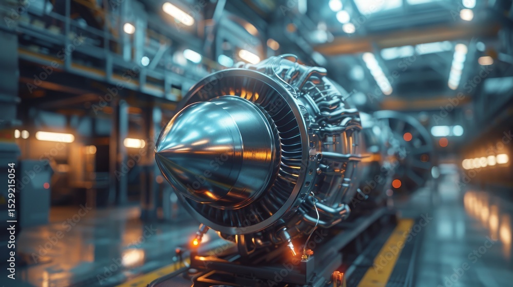 Aufkleber an intricate and shiny jet engine is showcased in a high-tech environment, illustrating advanced eng
