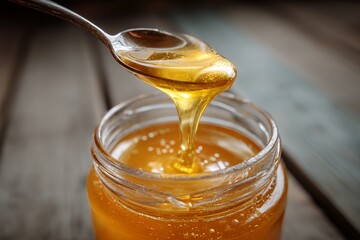 Glass Jar Filling With Golden Honey on a Wooden Table