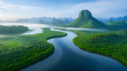 aerial view mangrove forest and mountain peak of Phang nga bay, Thailand