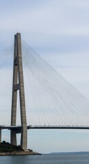 Fototapeta premium Modern Concrete Bridge with Cables Spanning Over Water Under Cloudy Sky