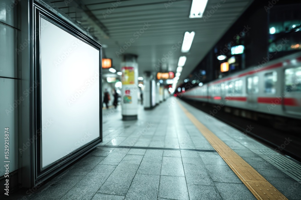 Poster blank billboard in subway station, perfect for advertising with train in background. create a compel