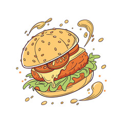vector of a spicy chicken burger with crispy patties, lettuce, tomato, and melting cheese. Dynamic cheese splashes on clean white background. Perfect for food ads and menus.