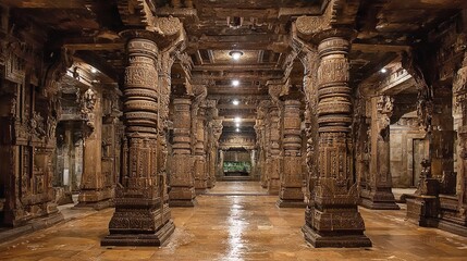 Ancient Temple Hall Intricate Stone Pillars Architectural Detail India old art dark brown decor     