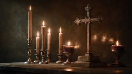 The surrounding candles cast soft shadows on the cross, adding depth and dimension to the image.