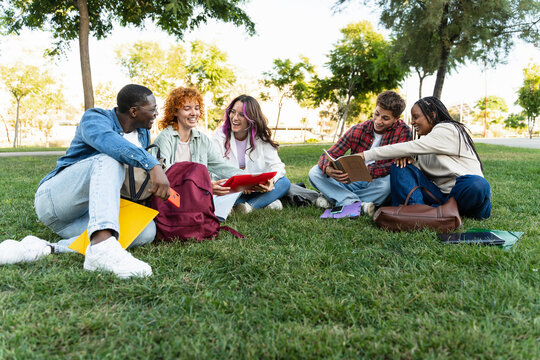 University student friends sitting on uni campus grass, talking in the college - African American youth