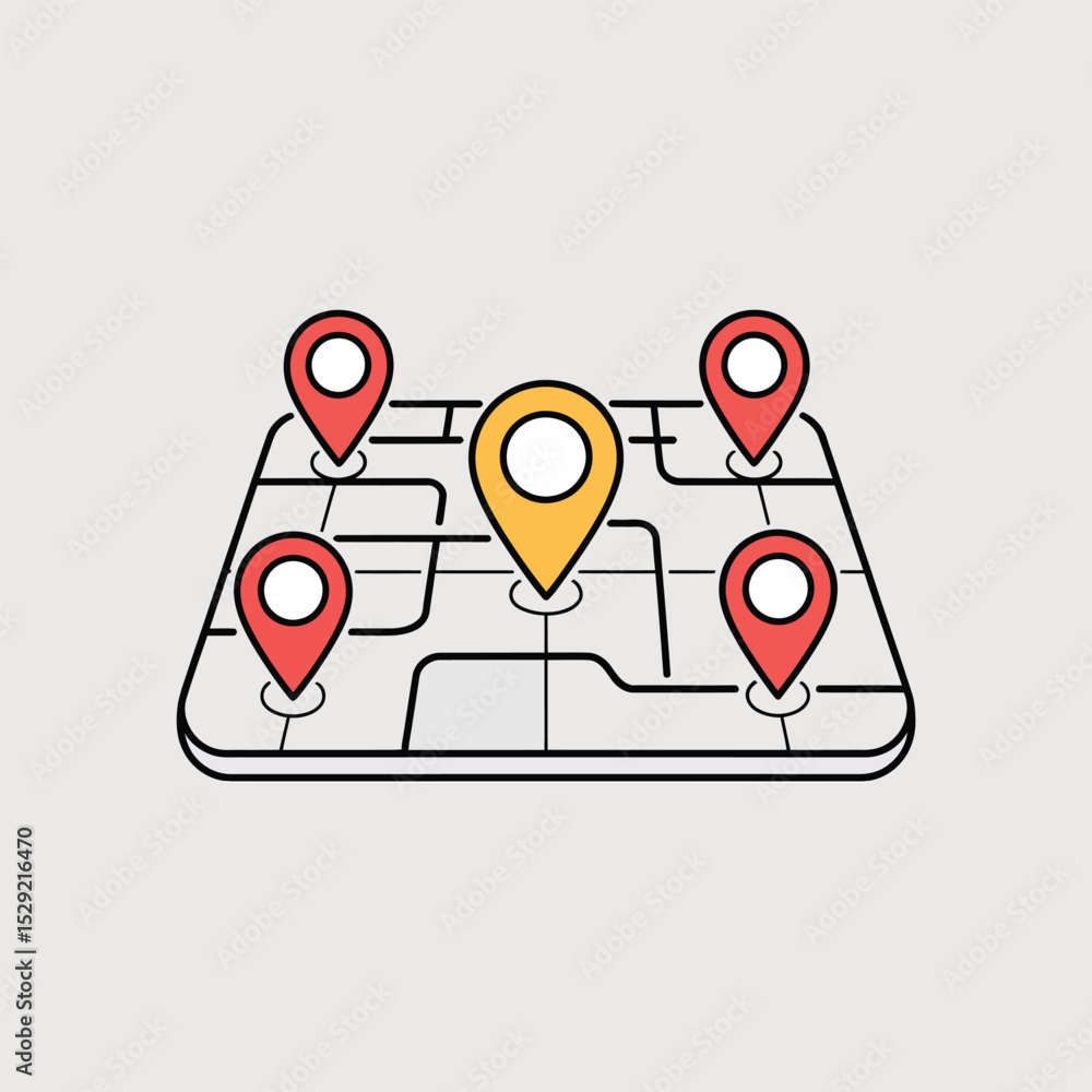 Poster abstract map illustration with multiple location pins showing navigation and route planning