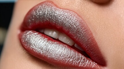 Fototapeta premium Stunning Glamour Lip Art Featuring Shiny Silver Lips on a Female Face in a Makeup Studio Setting