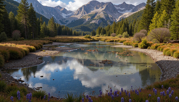Serene mountain landscape with reflective lake and wildflowers  