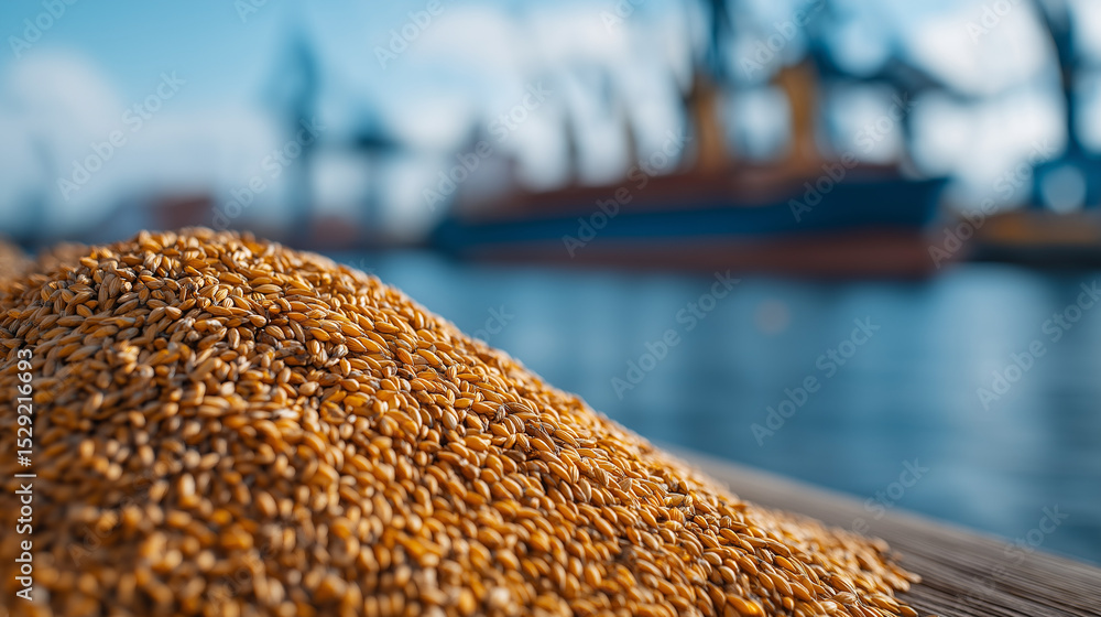 Poster wheat grains piled on a port dock with cargo ship loading