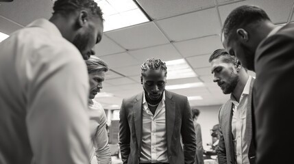 Black and white photo of a business team meeting discussing strategy and planning in the office space