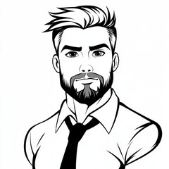 Close up Black and White Illustration of a Man with a Beard and Stylish Hair