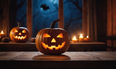 Spooky Halloween Night with Illuminated Pumpkins and Candlelight Setting