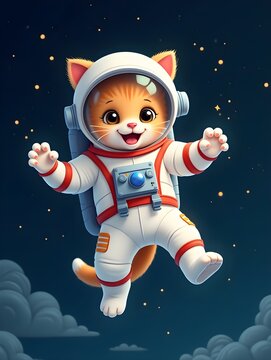 Floating Astronaut Cat in Spacesuit Illustration on Dark Background