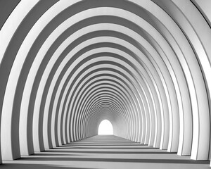 A grayscale tunnel of receding arches extends to a bright light at its end