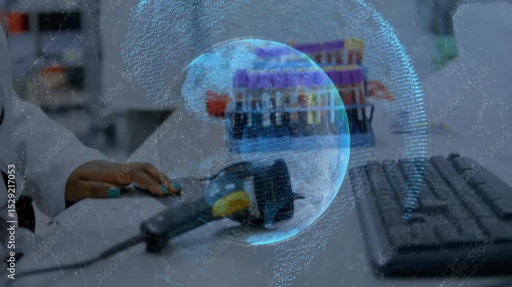 Poster lab technician moving mouse showing 3d globe while scanning barcodes and entering data