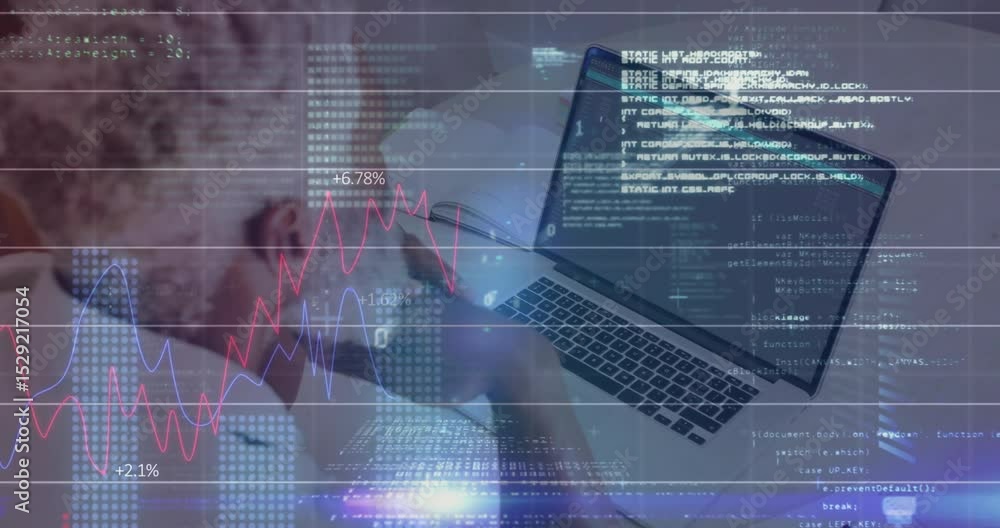 Poster scanning code on laptop initiating finance graph overlay around man monitoring performance metrics