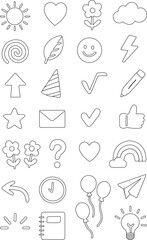 Simple Doodle Icon Set with Nature and Celebration Symbols Outline Style