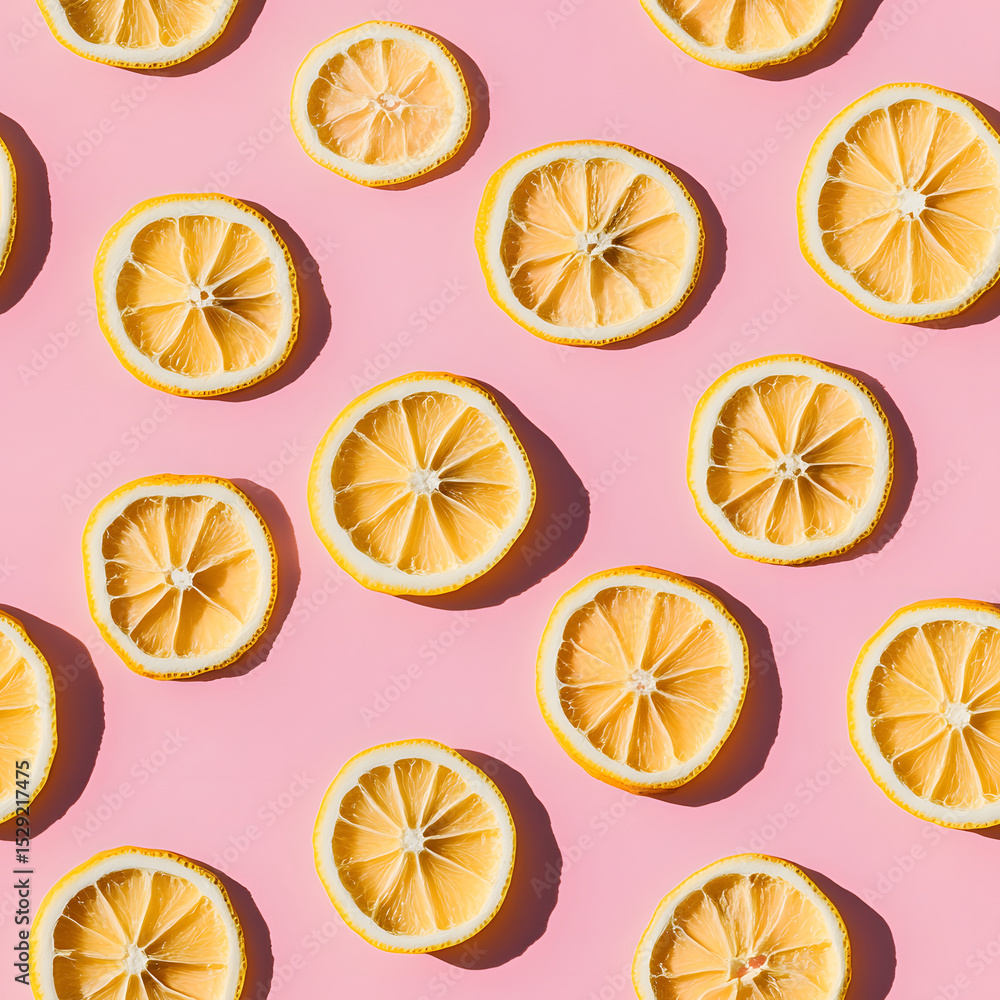 Poster uniform pattern of dried lemon slices with shadow on a pink background. flat lay