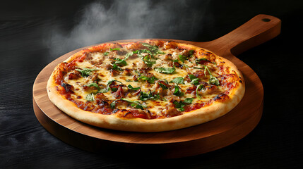 Woodfired pizza with fresh toppings on rustic wooden board, steaming hot and delicious
