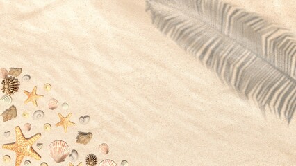 Golden sea sand with starfish and shells on pastel blue background top view. Summer sea and beach background