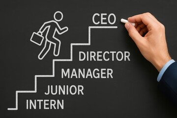 A hand drawing a career ladder from intern to CEO on a blackboard.