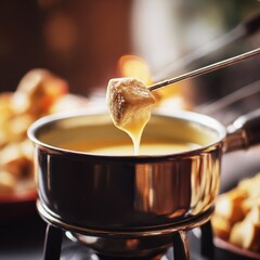 closeup shot ready to serve fondue with shallow  soft natural light