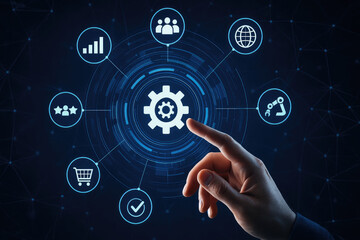 A hand interacts with various digital icons, representing advanced technology concepts.