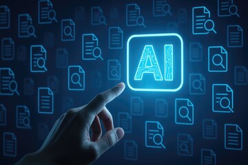 A hand points at a glowing AI symbol, representing modern technology and innovation.
