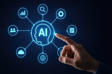 Artificial intelligence concept with icons and hand interacting with digital display.