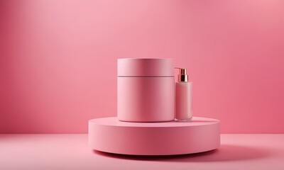 Elegant Beauty Product Display on Pink Platform for Minimalist Aesthetic