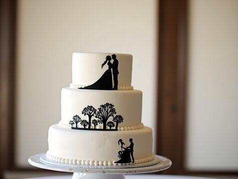 Elegant Black White Cake Silhouette, Wedding, Birthday.