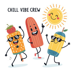 Vibrant, funky popsicle characters joyfully dancing in sunny, summery scene.  Illustrative style, cheerful colors.