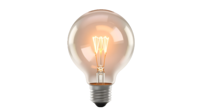 Glowing filament light bulb on transparent background, realistic design.
