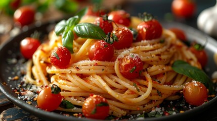 A mouthwatering dish of spaghetti topped with juicy cherry tomatoes and fresh basil, creating a vibrant and delicious representation of Italian culinary arts.