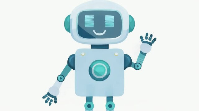 Looping animation of cute AI robot walking in place with smiling face, soft 2D flat design