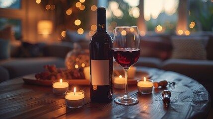 A cozy and romantic atmosphere featuring a bottle of red wine alongside a glass, surrounded by flickering candles, perfect for an intimate evening or celebration.