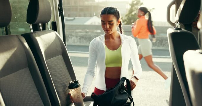 Runner, smoothie and woman by car in city for exercise, training and outdoor workout. Sports, start and person with beverage for minerals, vitamins and electrolytes for wellness, health and hydration