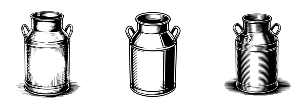 set of vintage milk can vector illustrations, dairy container for farm and agriculture
