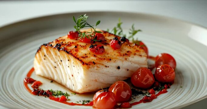 Close-up shot of a delicious grilled cod fillet served with roasted cherry tomatoes and herbs.