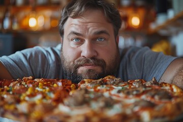 A passionate man leans towards a table full of delicious pizzas, embodying the joy of food and the pleasure of indulging in flavorful culinary delights with friends.