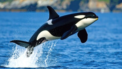 Magnificent orca whale breaching ocean surface in a dazzling display of aquatic power