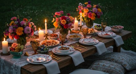 Candlelit picnic table with food and flowers