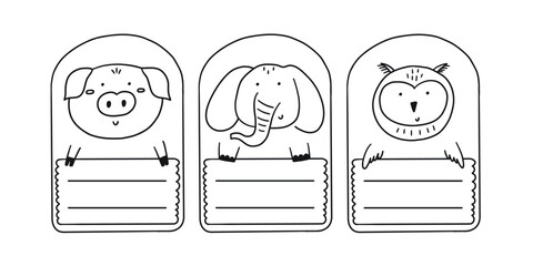Cute doodle school name tag funny animals. Animal character label card frame collection. Cartoon vector illustration