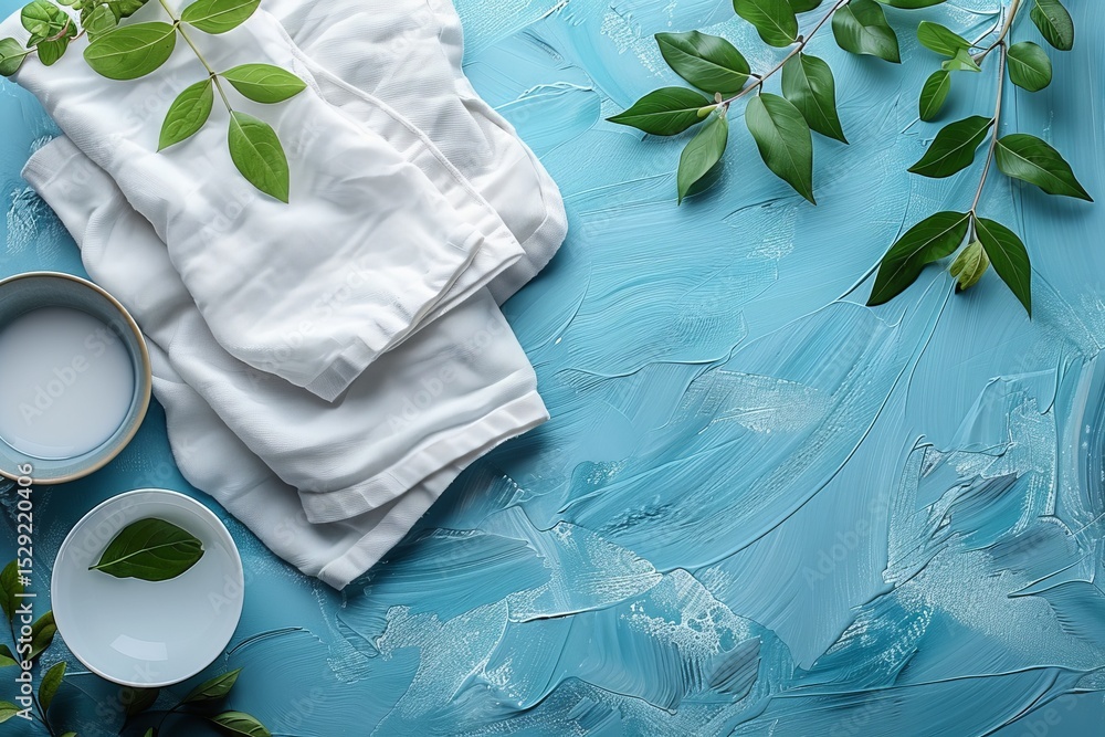 Poster this image showcases neatly folded white towels resting on an artistic blue textured surface, evokin